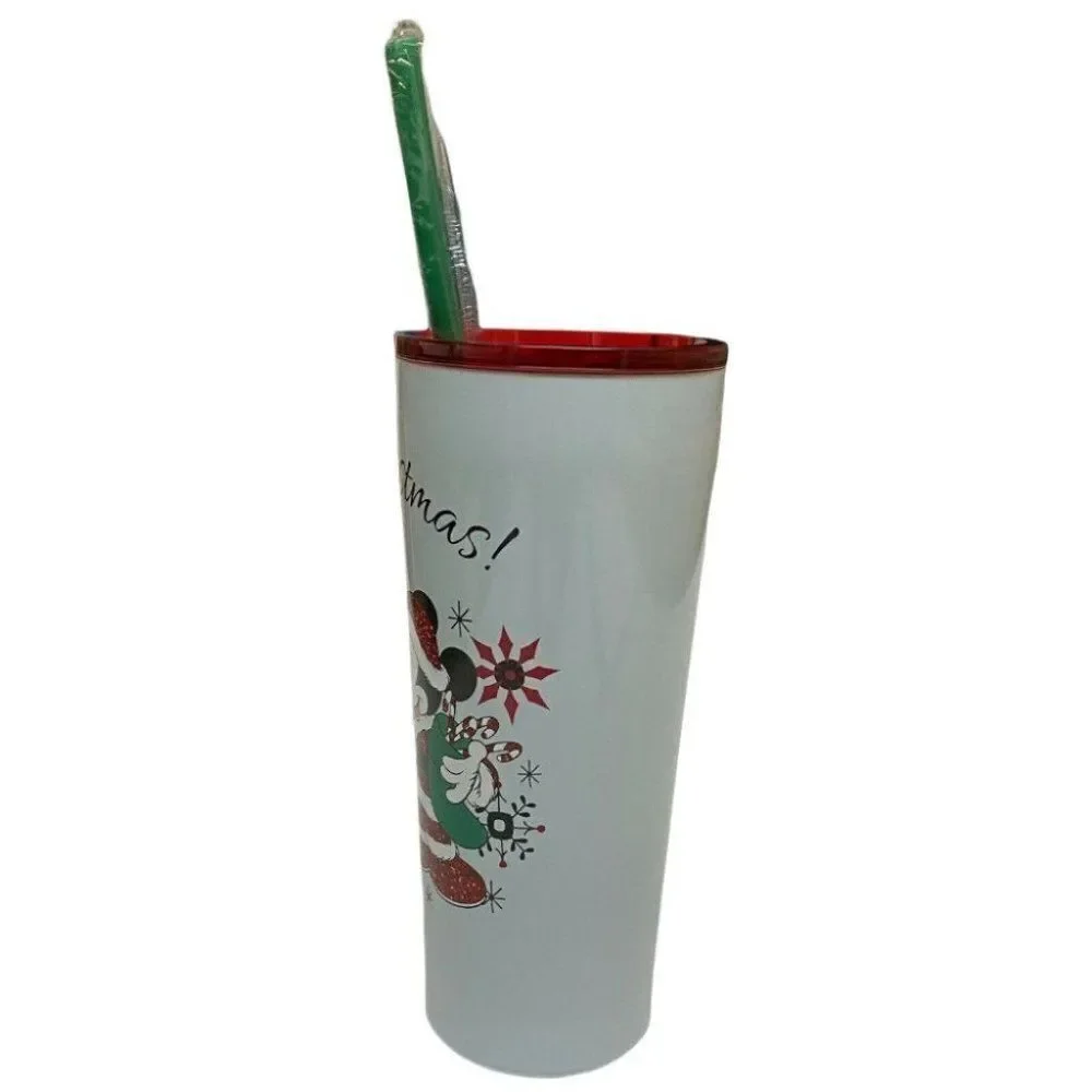 Disney Holiday Mickey Minnie Merry Christmas 22 Oz Tumbler Straw Tree Santa Hat.